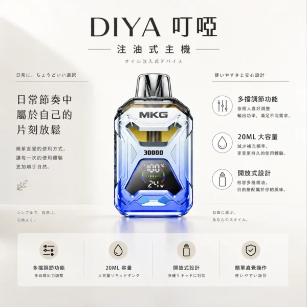 ChatGPT-Image-2026年8月21日-上午02_06_45.webp MKG 智能注油小煙主機 液晶顯示數據/多檔POWER模式/20ml開放式注油/快充續航/通用小煙煙油
