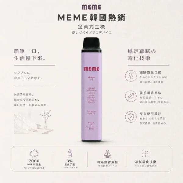 ChatGPT-Image-2026年8月23日-下午07_54_22.webp MEME 韓國熱銷 7000口 拋棄式電子煙 3%尼古丁鹽/黃金配比/絲滑口感/韓系調香