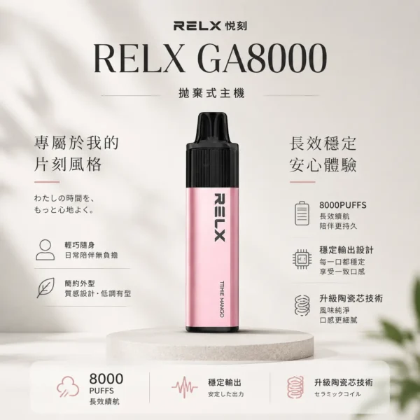 ChatGPT-Image-2026年8月23日-下午08_24_31.webp RELX 悅刻 GA 8000口 拋棄式電子煙 升級陶瓷芯/15ml容量/1100mAh/免充電設計