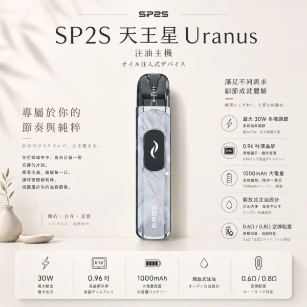 ChatGPT-Image-2026年8月25日-下午06_48_51.webp SP2S 天王星 Uranus 開放式注油小煙主機 30W多檔調節/1000mAh/0.96吋液晶屏/內含0.6歐0.8歐空彈/通用小煙油