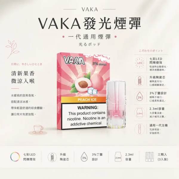 VAKA 一代通用煙彈 2.3ml 三顆入 七彩LED燈效/升級陶瓷芯/3%尼古丁鹽/順滑口感/三顆入/適配一代主機