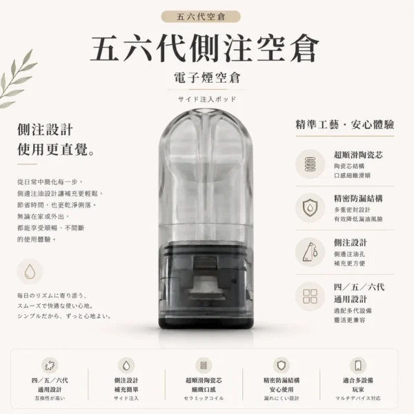 ChatGPT-Image-2026年8月25日-下午11_00_51.webp 五六代通用側注空倉 順滑陶瓷芯/側注油防漏/不滲油技術/四五六代主機完美兼容