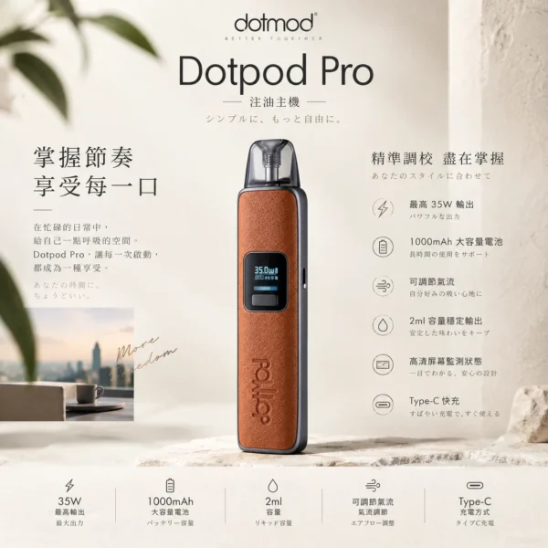 ChatGPT-Image-2026年9月6日-下午05_37_27.webp DotPod Pro 注油小煙主機 35W大功率/1000mAh高續航大電池/Type-C快充/2ml開放式油艙/通用小煙煙油