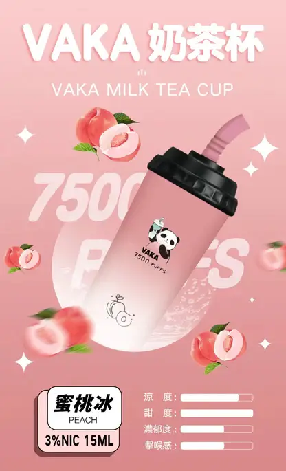 VAKA 奶茶杯 7500口 拋棄式電子煙 15ml巨量裝/冰感水果奶茶/3%尼古丁鹽/萌熊貓造型/600mAh可充電